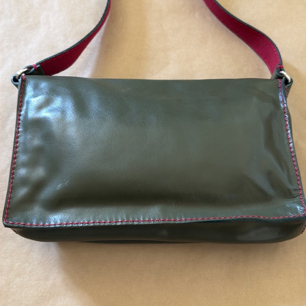 Francesco Biasia Army Green Deep Red Leather N Suede Shoulder Bag MINT condition - Picture 2 of 16